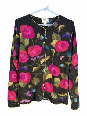 Hallet 100% Alpaca Floral Button Cardigan - Black with Pink Floral